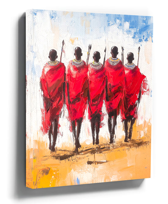 Maasai warriors seen from behind – red ochre palette knife canvas painting, African wall art
