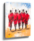 Maasai warriors seen from behind – red ochre palette knife canvas painting, African wall art