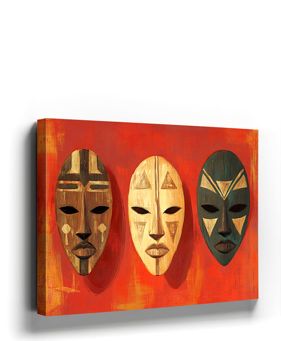 Three African tribal masks canvas wall art on a red background