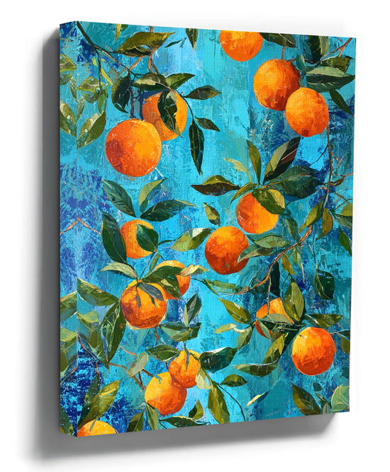 Canvas painting of ripe citrus oranges on branches with a Mediterranean blue background