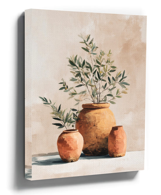 Mediterranean still life wall art with olive branches and terracotta pots