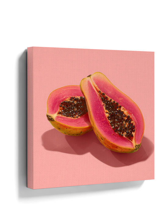 Pop Art papaya decorative canvas, tropical wall art shown in room setting