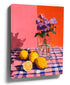 Lemon kitchen wall art print, still life with purple flowers