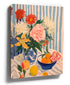 Impressionist still life painting with flowers and citrus, blue and orange palette, wall art
