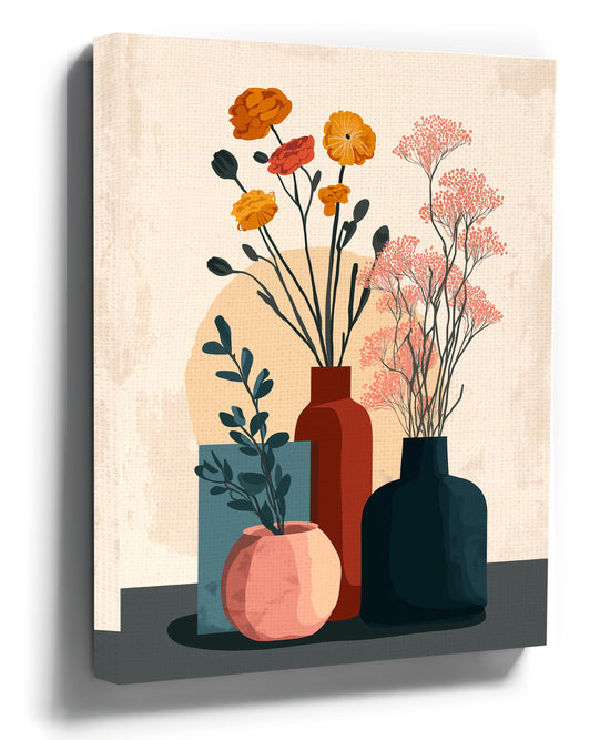 Pastel wall art with stylized vases, soft decorative artwork in a room setting