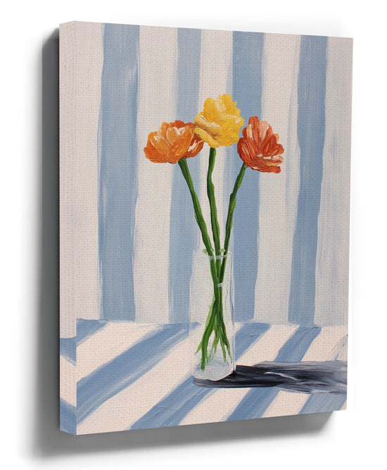 Floral bouquet on blue striped background, minimalist living room wall art print