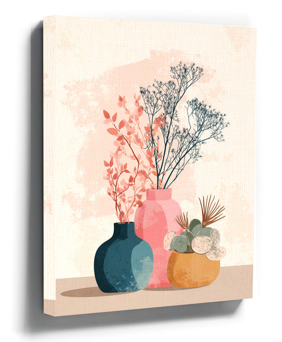 Pastel vases and dried foliage wall art print for a minimalist Scandinavian living room decor