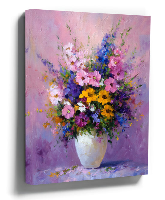 Palette knife oil painting on canvas of a vibrant floral bouquet in a vase, wall art
