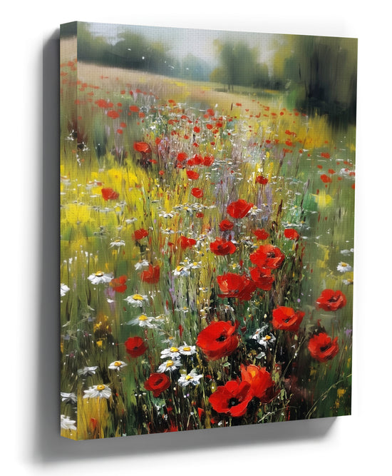 Impressionist poppy and daisy field canvas print with vibrant colors