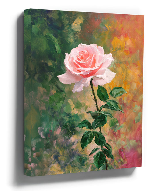 Delicate pink rose impressionist oil painting on a green-orange background