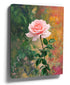 Delicate pink rose impressionist oil painting on a green-orange background