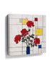 Red roses on a Mondrian-style geometric canvas in primary colors