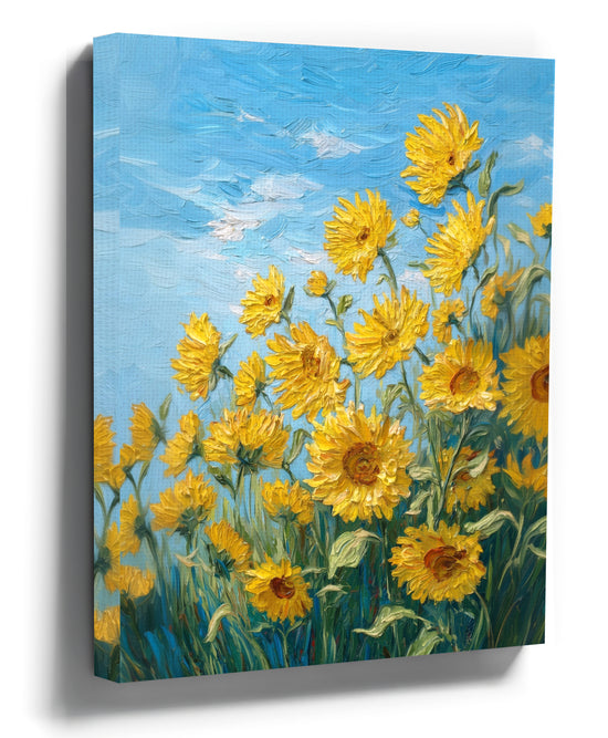 Impressionist sunflower field canvas wall art under a blue sky