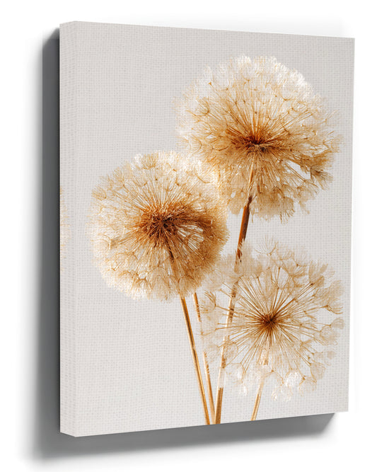 Gold dandelion botanical canvas wall art for minimalist living room decor