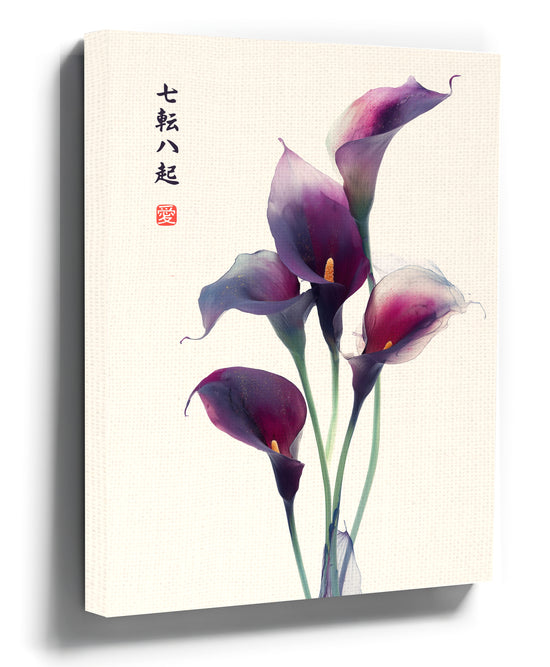 Minimalist Japanese watercolor wall art of five purple calla lilies on canvas