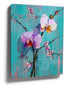 Purple orchid floral wall art on a turquoise background, modern living room wall decor