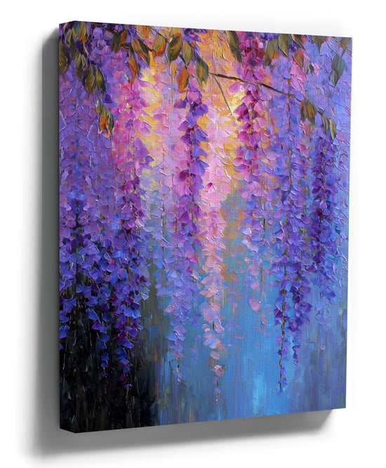 Purple and blue wisteria clusters palette-knife canvas painting, textured floral wall art