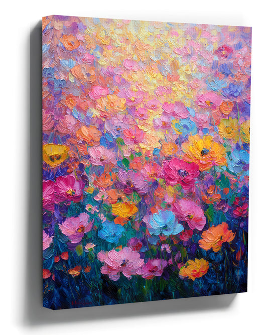 Colorful flower field on canvas, palette knife painting wall art