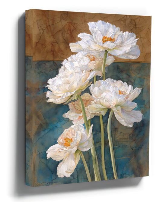 White magnolia oil painting on a blue and ochre background, canvas wall art