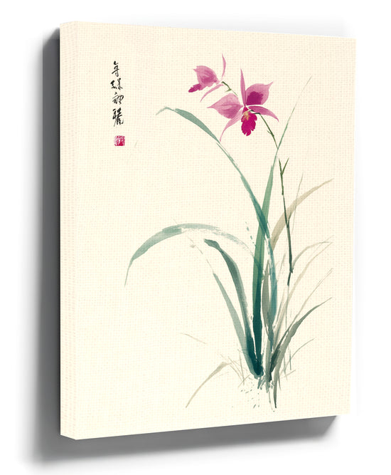 Pink orchid sumi-e Japanese ink wash watercolor painting on canvas, delicate leaves wall art