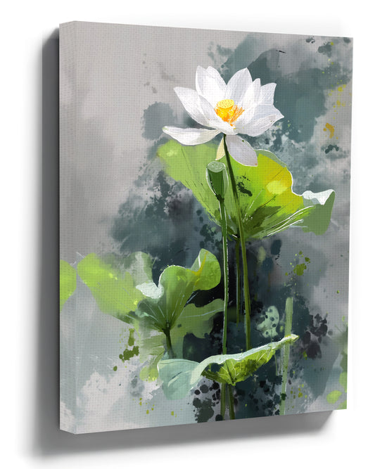 White lotus watercolor wall art with green foliage on a gray background