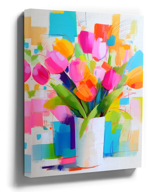 Colorful tulips in a vase wall art print for modern living room decor