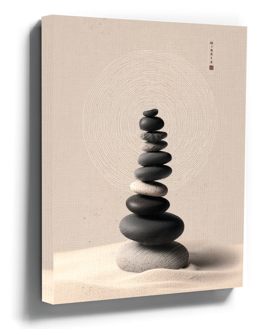 Minimalist Zen wall art with stacked stones on sand