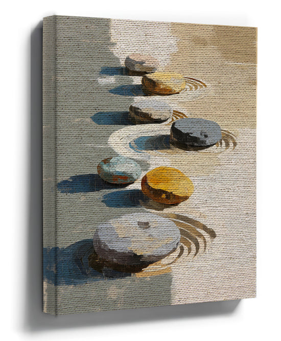 Tableau galets zen sur sable pour salon minimaliste