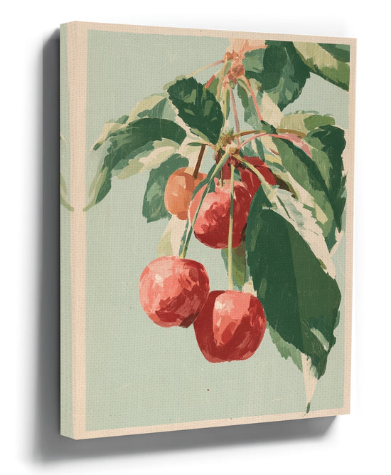 Cherry branch canvas wall art with red cherries on a pastel green background