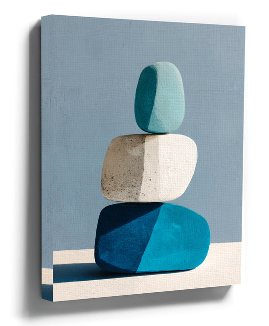 Minimalist Zen canvas print with blue stacked stones for living room decor