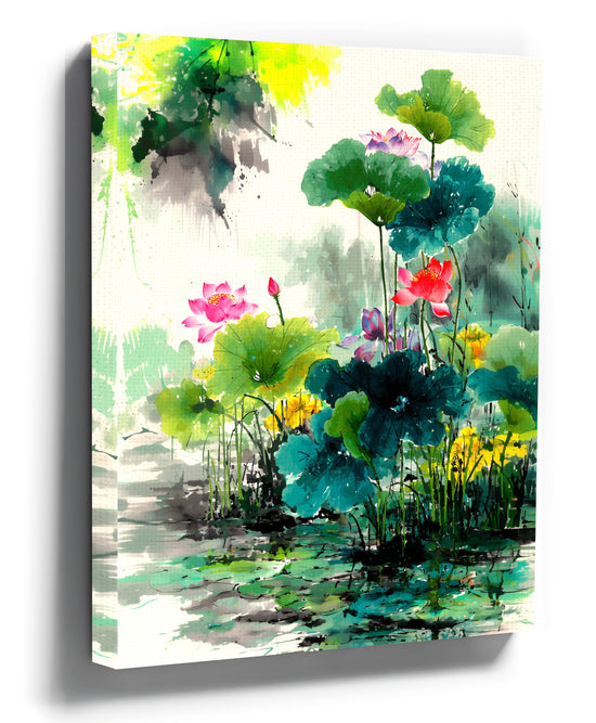 Chinese-style watercolor lotus and water lilies canvas wall art, green and pink