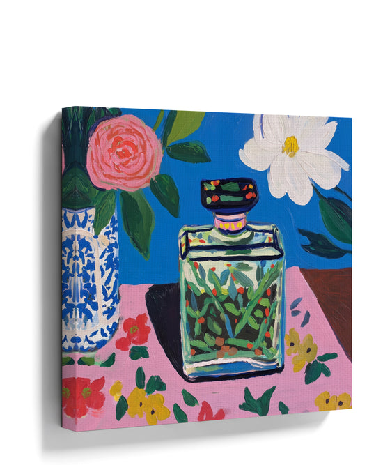 Still life with perfume bottle and flowers, gouache on canvas wall art