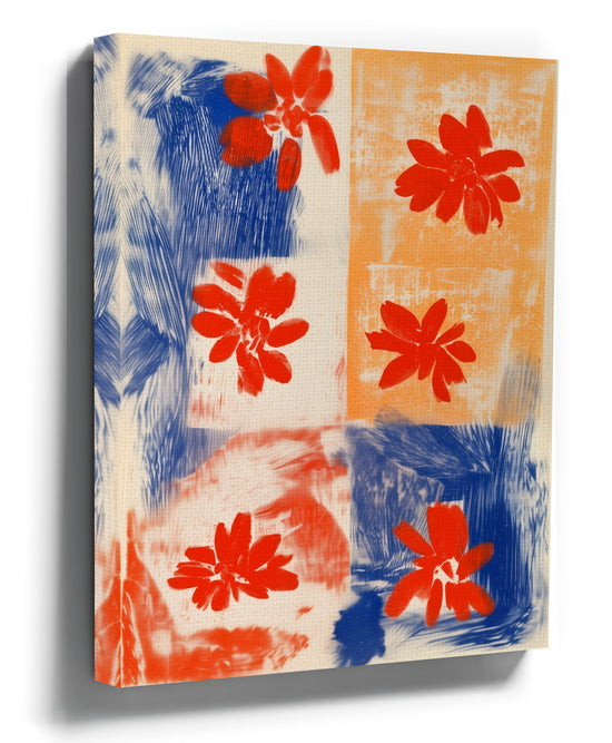 Abstract floral canvas with red flowers on a blue and orange background, modern living room wall art