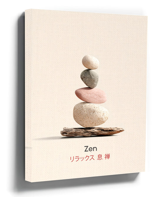 Zen stacked stones wall art with Japanese calligraphy for minimalist living room decor