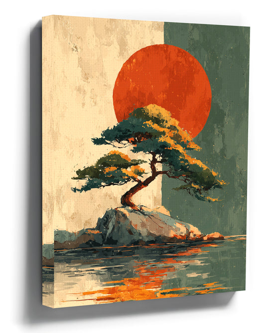 Japanese red sun canvas print, minimalist wall art for living room decor