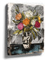 Colorful floral bouquet with geometric vase, black and white graphic canvas wall art
