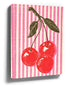 Retro kitchen wall art print with red cherries on a striped vintage background