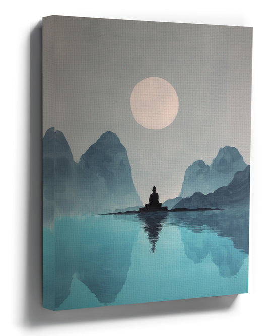 Meditating Buddha silhouette by a moonlit lake – Zen minimalist canvas wall art for living room decor