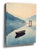 Boat and Japanese torii gate on a misty lake, blue and beige watercolor canvas wall art