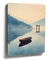 Boat and Japanese torii gate on a misty lake, blue and beige watercolor canvas wall art