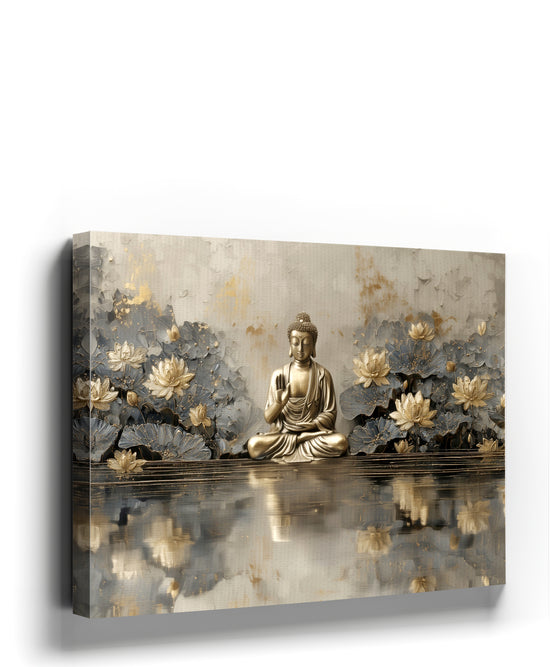 Large gold Buddha canvas wall art with lotus flowers, zen serenity, decorative piece shown in room setting