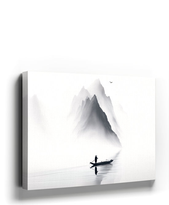 Misty lake canvas wall art with a lone fisherman — minimalist decor for the living room