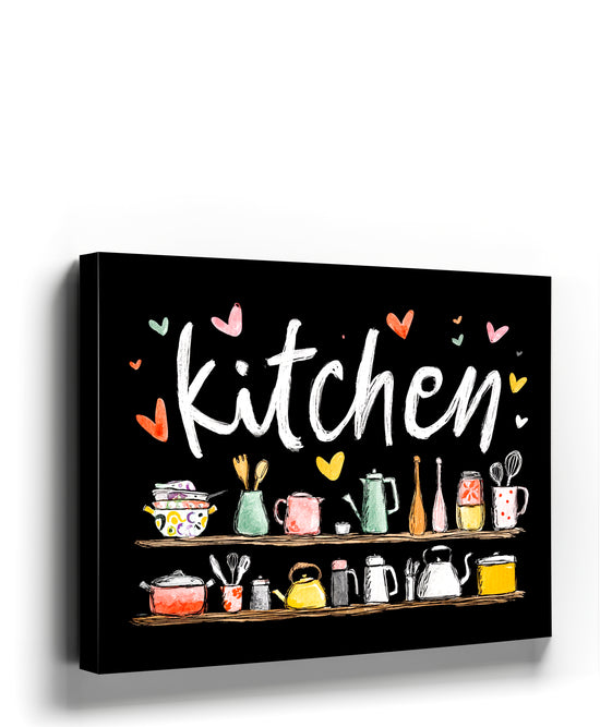 Colorful kitchen utensils with 'Kitchen' text on black canvas wall art