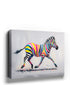 Modern rainbow zebra canvas wall art with multicolor stripes, shown in a room setting