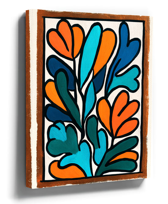 Orange and blue abstract botanical acrylic painting on canvas