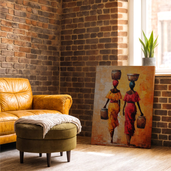 Tableau femmes africaines jarres teintes chaudes pour salon industriel