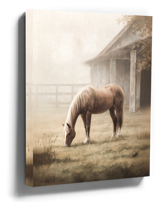 Brown horse grazing wall art in beige tones, rustic farmhouse style