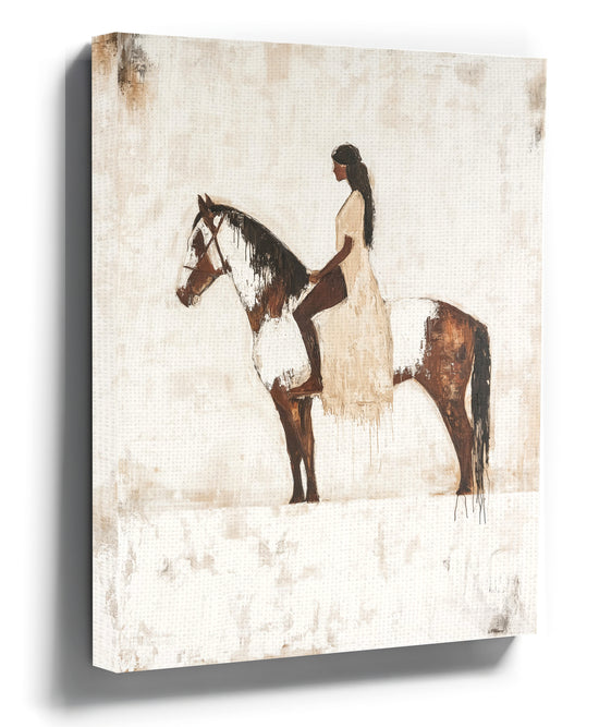 Minimalist horse wall art with a Native American woman rider for a modern living room