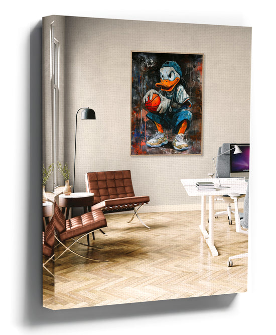 Orange and blue graffiti street art canvas of a duck playing basketball