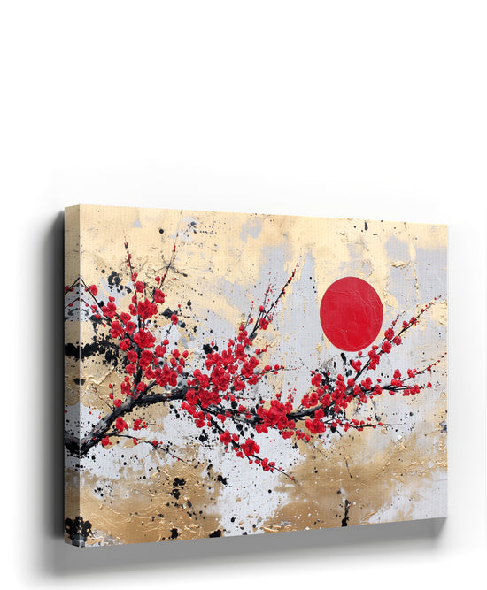 Japanese cherry blossom wall art with red sun on gold background – Zen living room decor